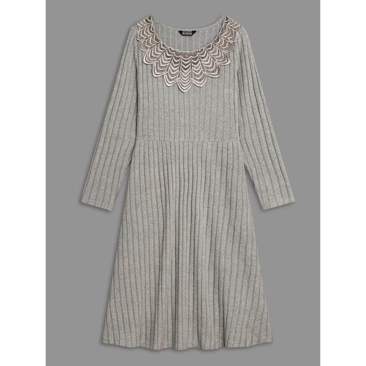 Plus Size Lace Neck Patchwork Ribbed Knit Dress LightGray Women Timeless Woven ribbon&lace trim Knit Dresses Bloomchic 18-20/2X Product Image