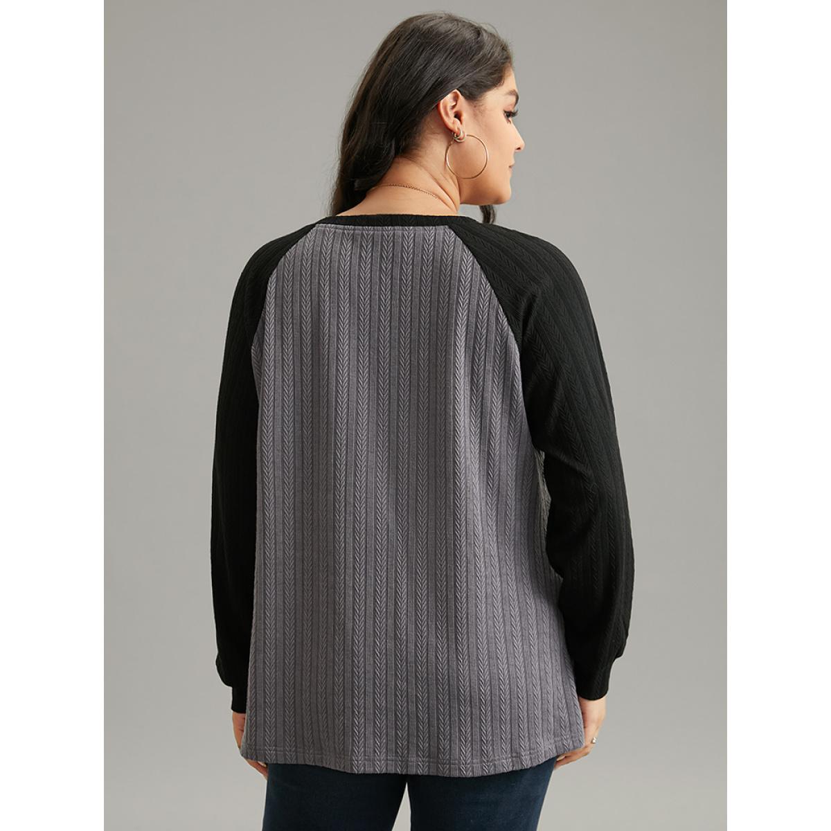 Plus Size Textured Contrast Button Detail Raglan Sleeve Sweatshirt Women Gray Casual Texture V-neck Dailywear Sweatshirts BloomChic 28/5X Product Image