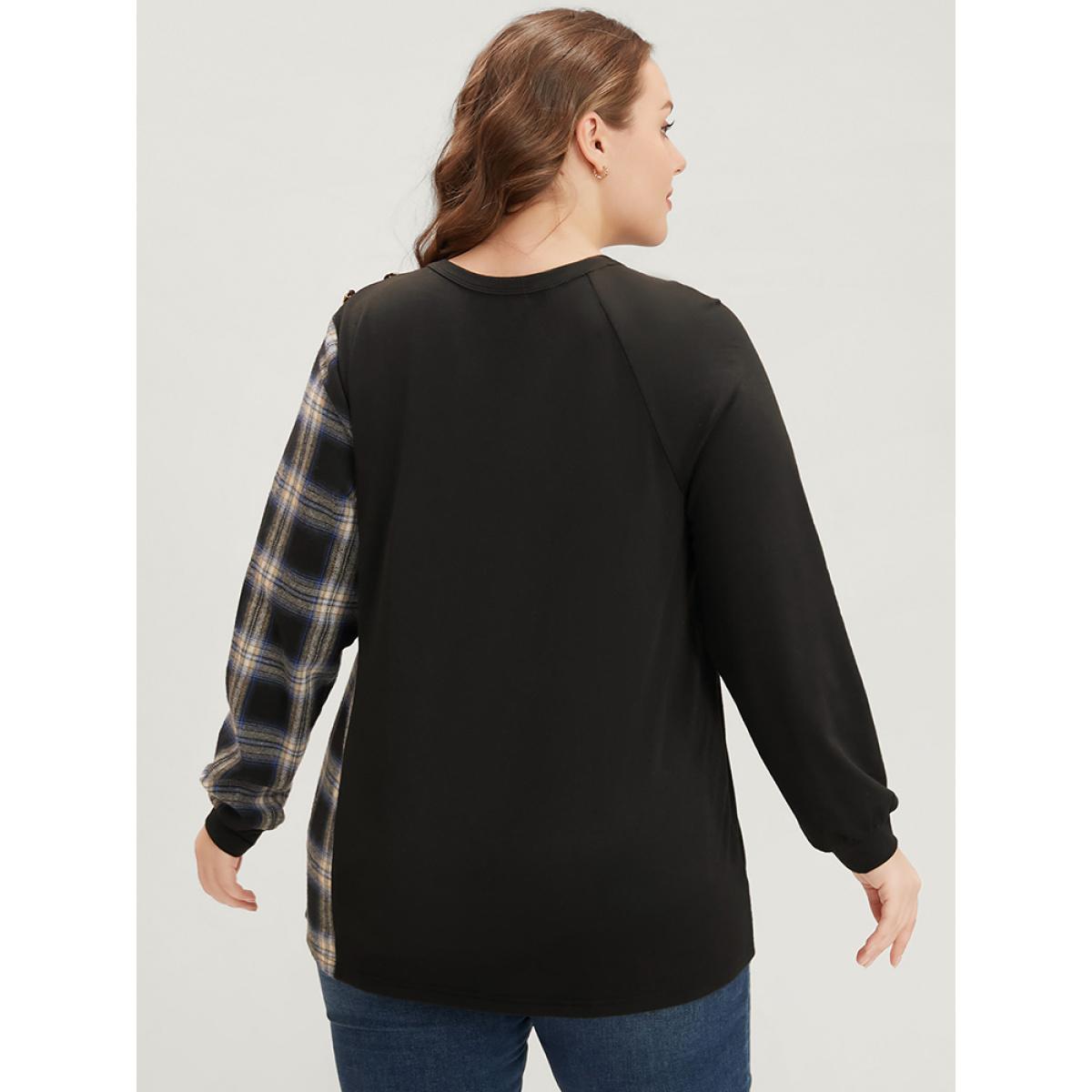 Plus Size Tartan Patchwork Button Detail Round Neck Sweatshirt Women Black Casual Contrast Round Neck Dailywear Sweatshirts BloomChic 30/6X Product Image