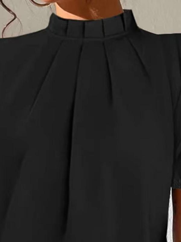 Loose Short Sleeves Hollow Pleated Solid Color Split-Joint Stand Collar Blouses Product Image