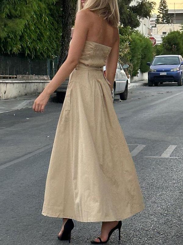 A-Line Loose Belted Buttoned Pockets Tube Maxi Dresses Product Image