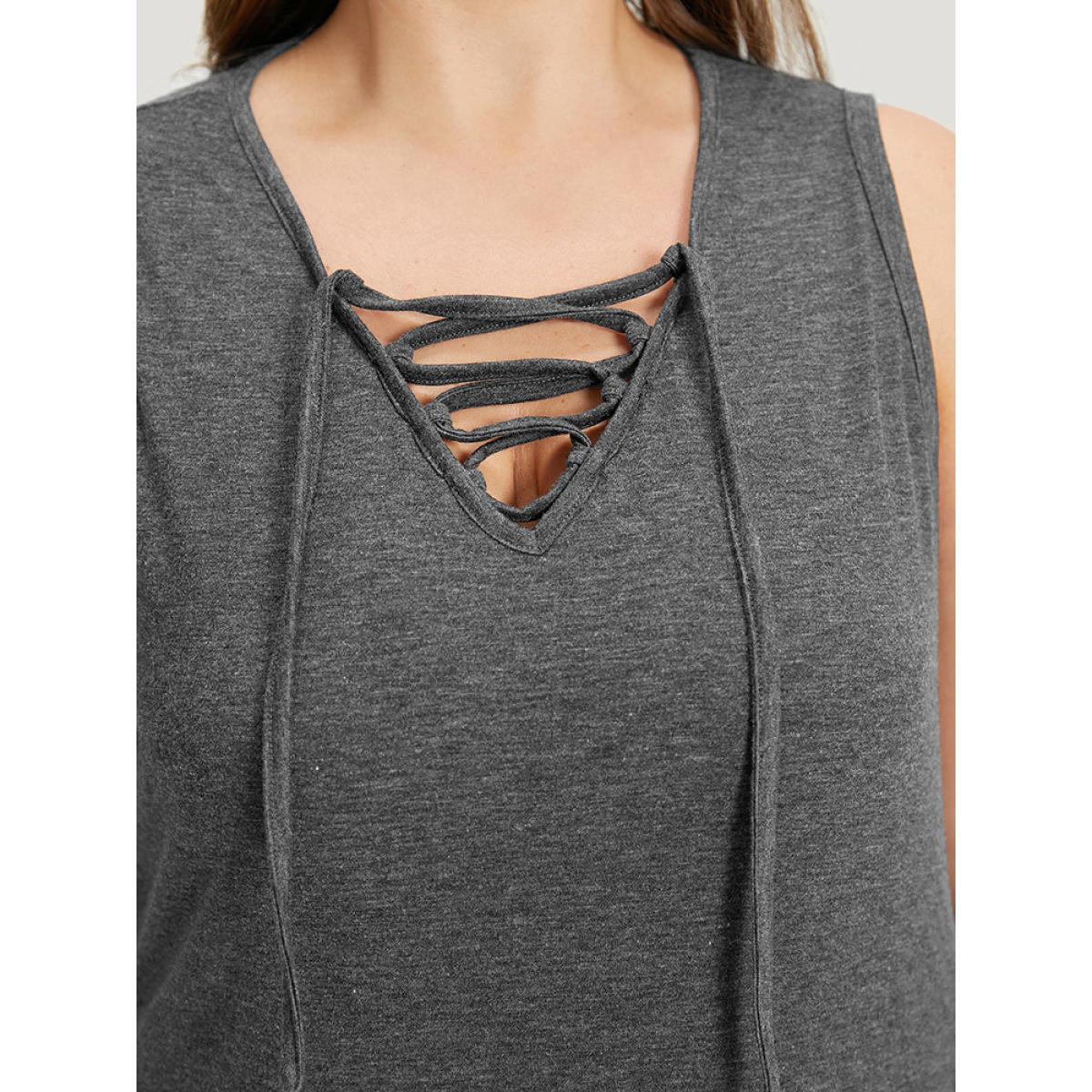 Plus Size Plain Pocket Lace Up Sleeveless Dress DimGray Women Casual Plain V-neck Sleeveless Curvy Midi Dress BloomChic 28/5X Product Image