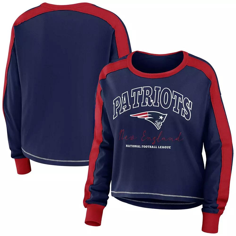 Women's WEAR by Erin Andrews Navy/Red New England Patriots Color Block Modest Crop Long Sleeve T-Shirt,  Product Image