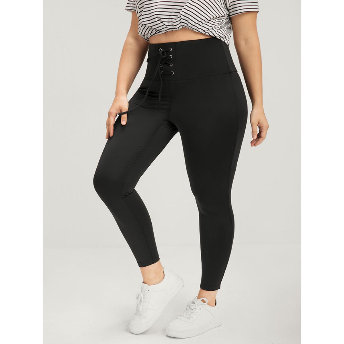 Plus Size Plain Wideband Waist Lace Up Skinny Leggings Women Black Casual High stretch Skinny High Rise Dailywear Leggings BloomChic 14-16/1X Product Image