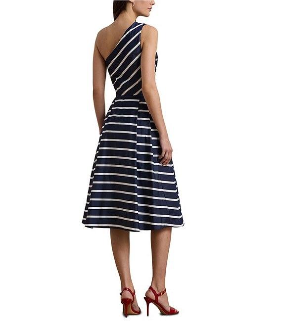 Lauren Ralph Lauren Taffeta Stripe Print One Shoulder Neck Sleeveless Belted Midi Dress Product Image