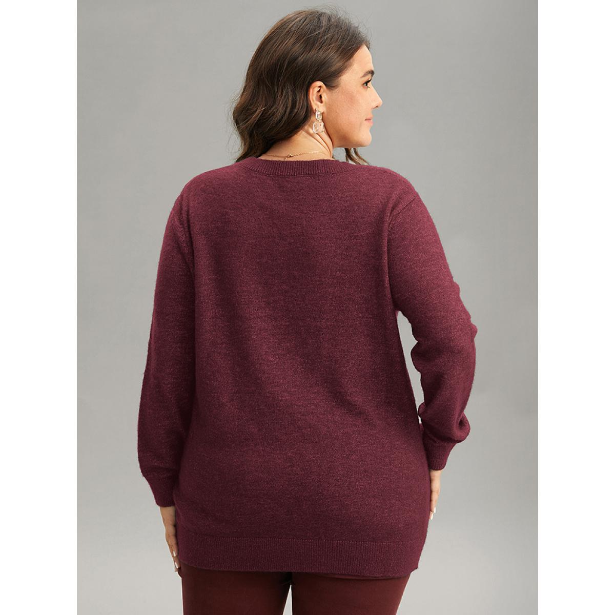 Plus Size Anti-Pilling Sequin Snowflake Round Neck Pullover Burgundy Women Casual Loose Long Sleeve Round Neck Festival-Christmas Pullovers BloomChic 18-20/2X Product Image