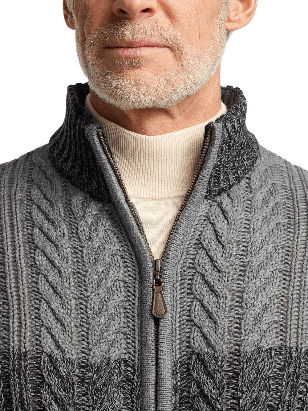 Cotton Cable Full Zip Mock Neck Sweater - Black/grey Product Image