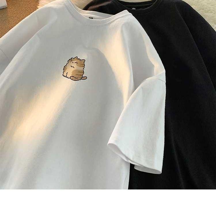 Elbow-Sleeve Round Neck Cartoon Print Tee Product Image