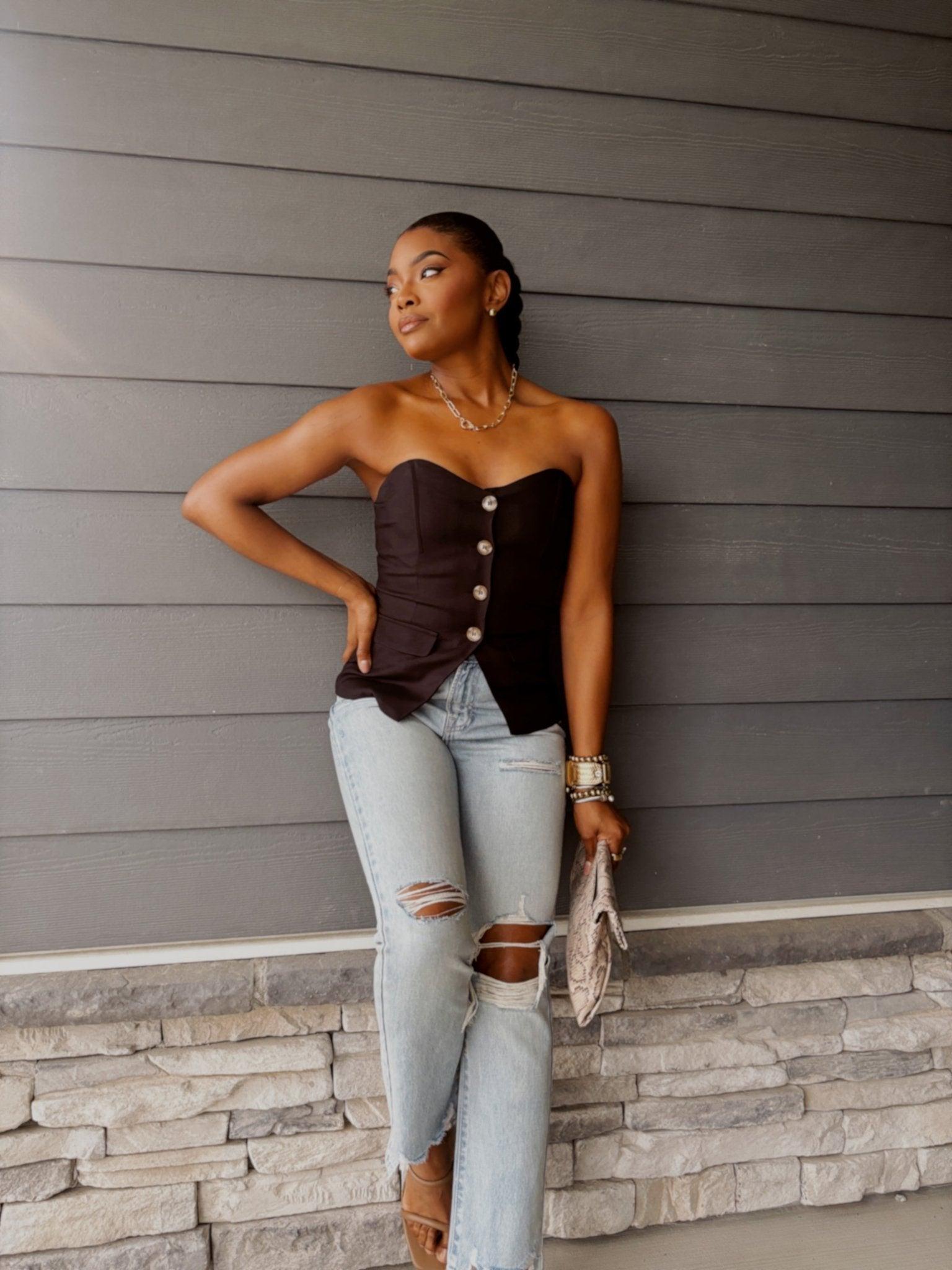 Black Button Front Tube Top - FINAL SALE Product Image