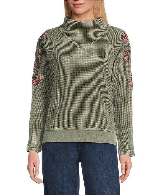 Leo & Nicole Embroidered Mock Neckline Long Sleeve Waffle Acid Wash Top Product Image