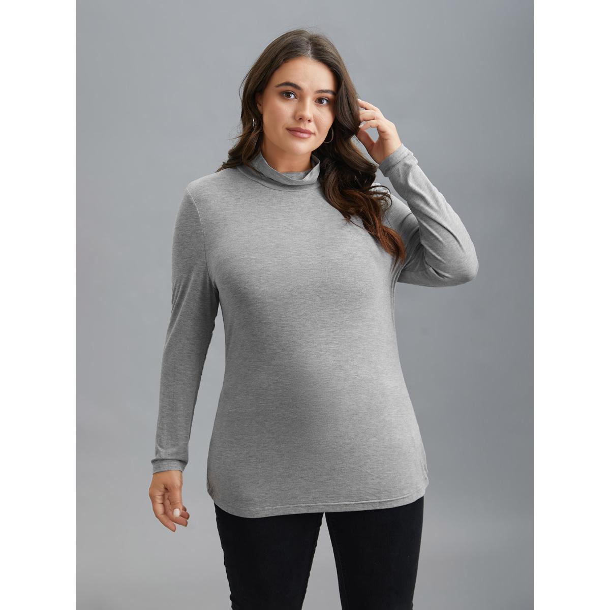 Plus Size Supersoft Essentials Solid Funnel Neck Knit T-shirt LightGray Women Elegant Plain Plain Ruffled collar Bodycon Dailywear T-shirts BloomChic 28/5X Product Image