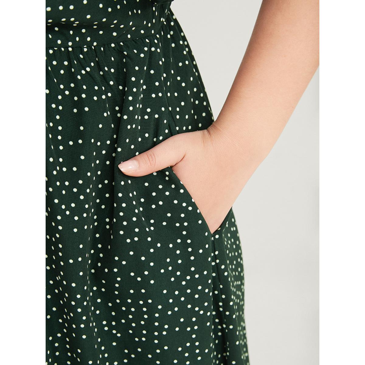 Plus Size Polka Dot Twist Front Pocket Flutter Hem Dress DarkGreen Women Elegant Pocket V-neck Short sleeve Curvy Midi Dress BloomChic 26/4X Product Image