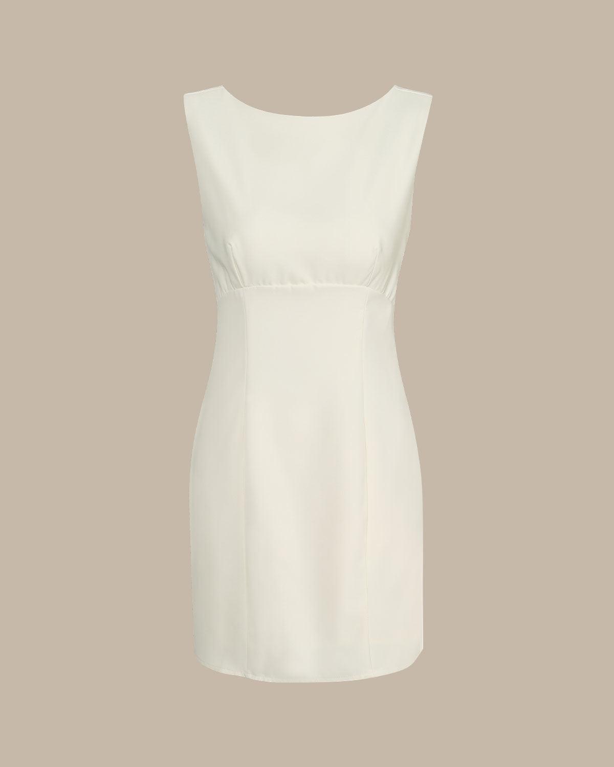 The Beige Boat Neck Back Bowknot Mini Dress Product Image