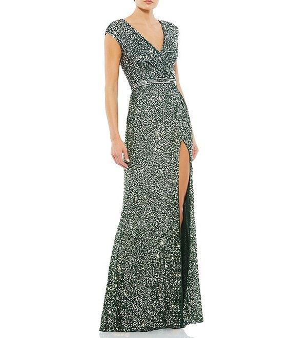 Mac Duggal Sequin V-Neck Thigh High Slit Sleeveless Sheath Gown Product Image
