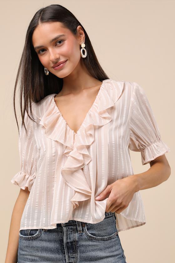 Dania Cream Striped Ruffled Short Sleeve Top Product Image