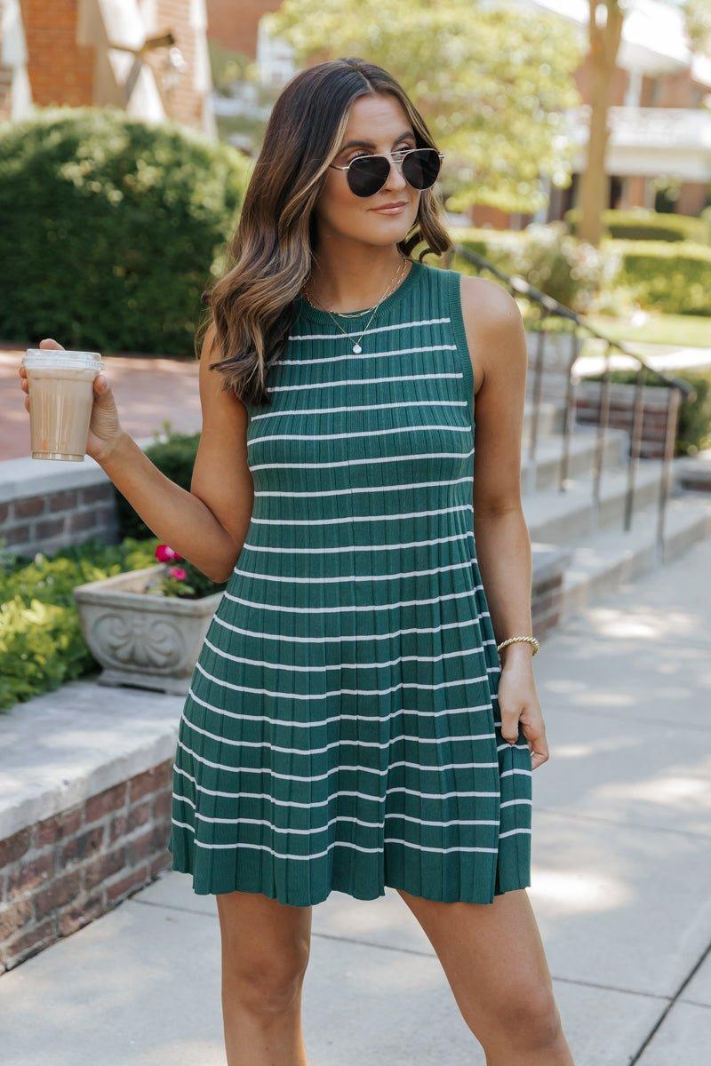 Green Stripe Pleated Mini Dress - DOORBUSTER Product Image
