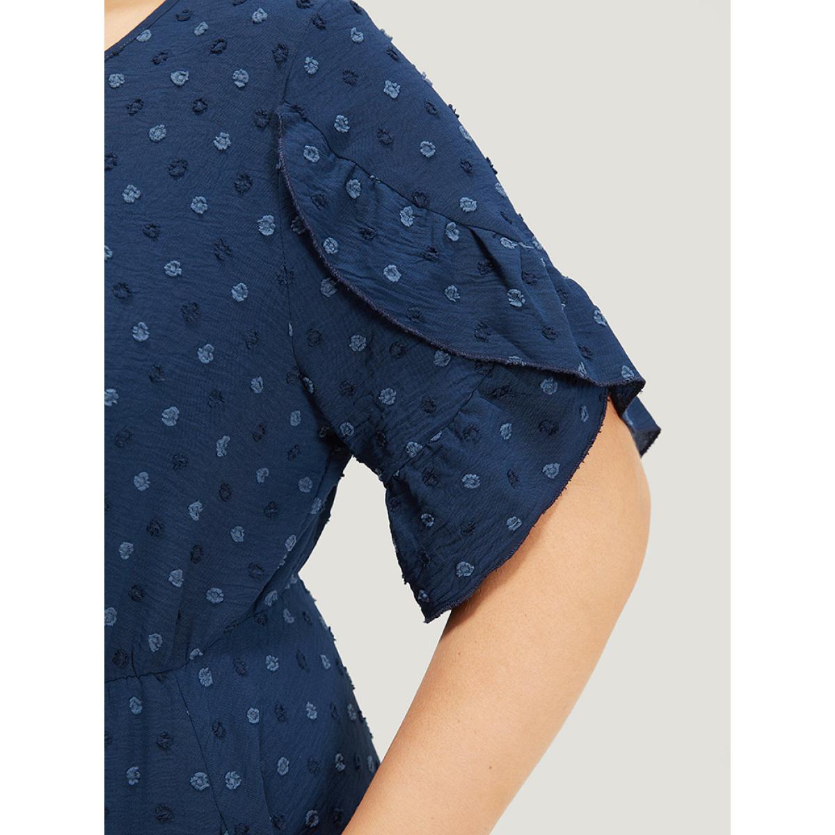 Plus Size Polka Dot Pocket Cut Out Petal Sleeve Dress DarkBlue Women Office Plain Round Neck Short sleeve Curvy Midi Dress BloomChic 12/L Product Image