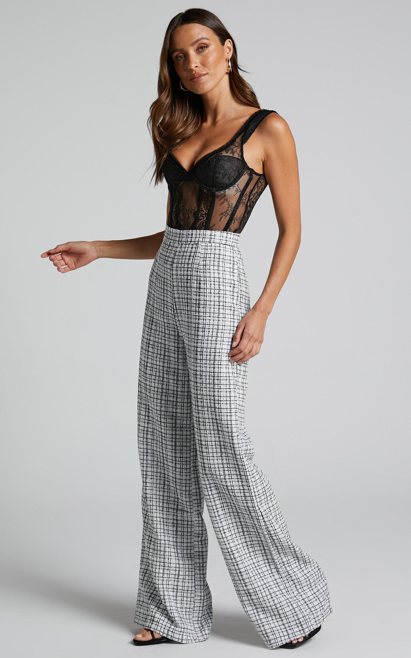 Icie Pants - High Waisted Tweed Wide Leg Pants in White & Black Product Image