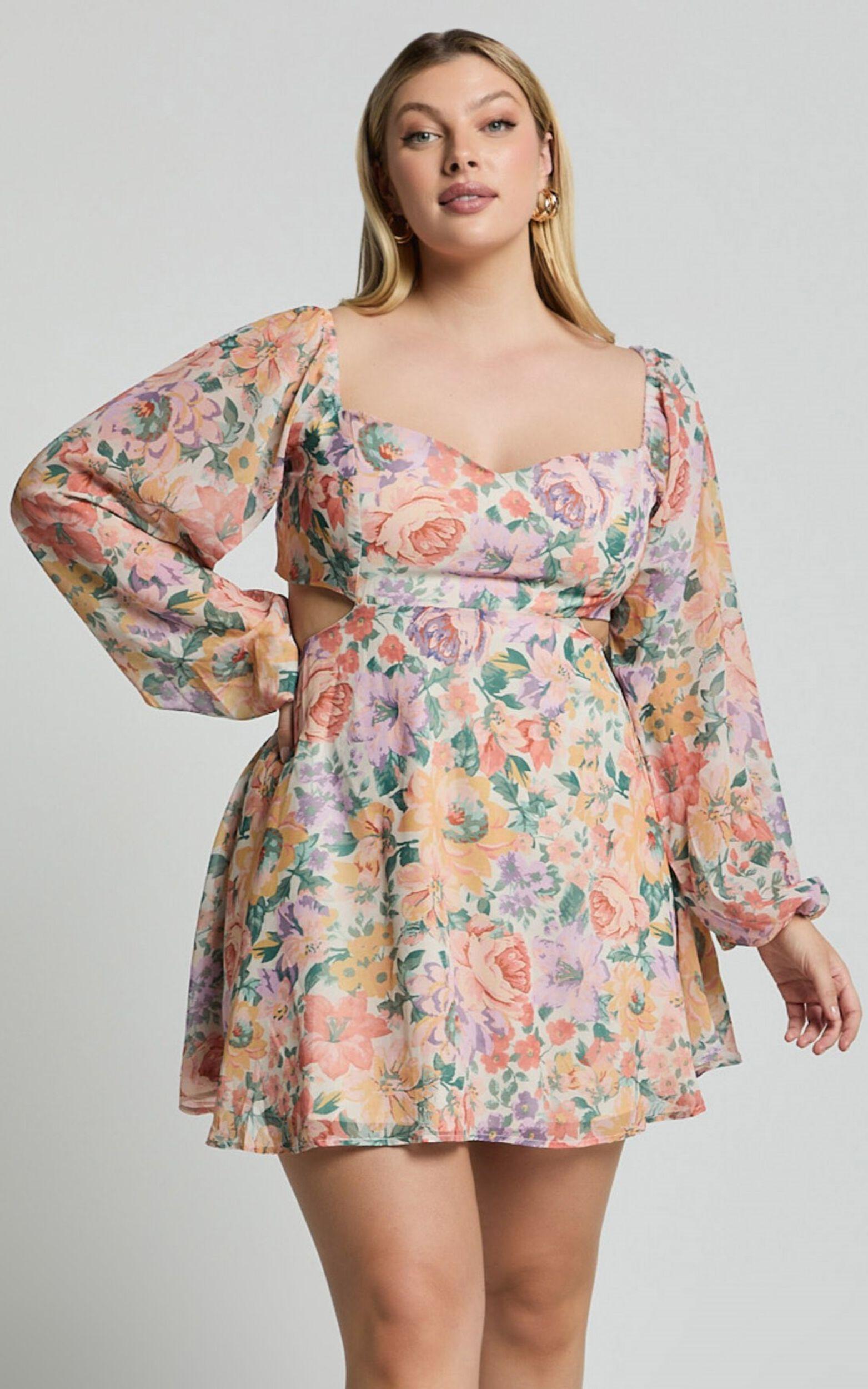 Ebonee Mini Dress - Puff Sleeve Cut Out Dress in Flower Crown Product Image