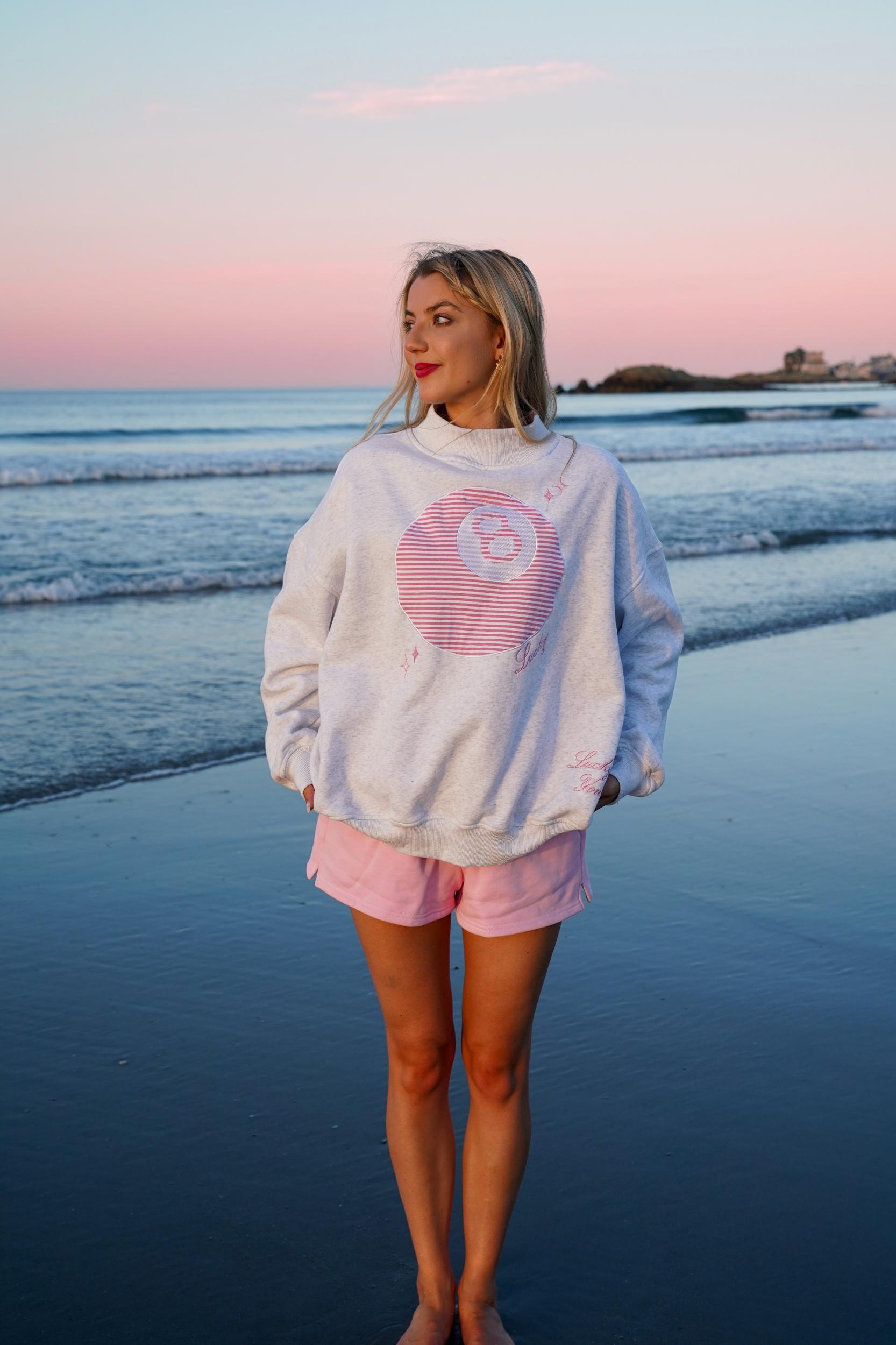 Pearl Grey Lucky You 8 Ball Mockneck Embroider Sweatshirt Product Image