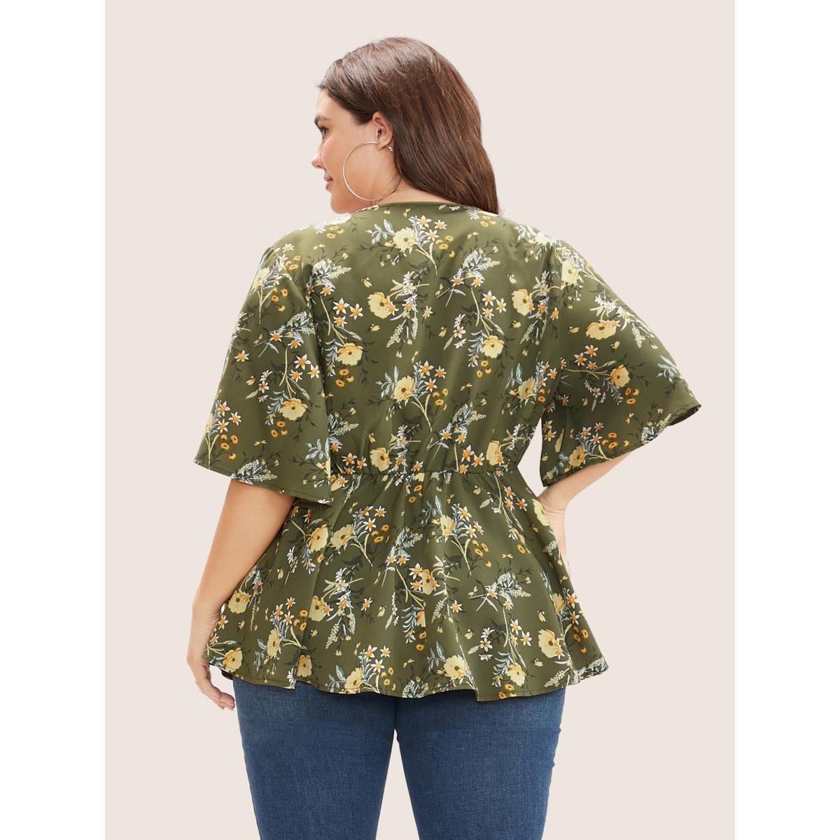 Plus Size Moss Floral Print Ruffles Surplice Neck Blouse Women Elegant Half Sleeve V-neck Everyday Blouses BloomChic 30/6X Product Image