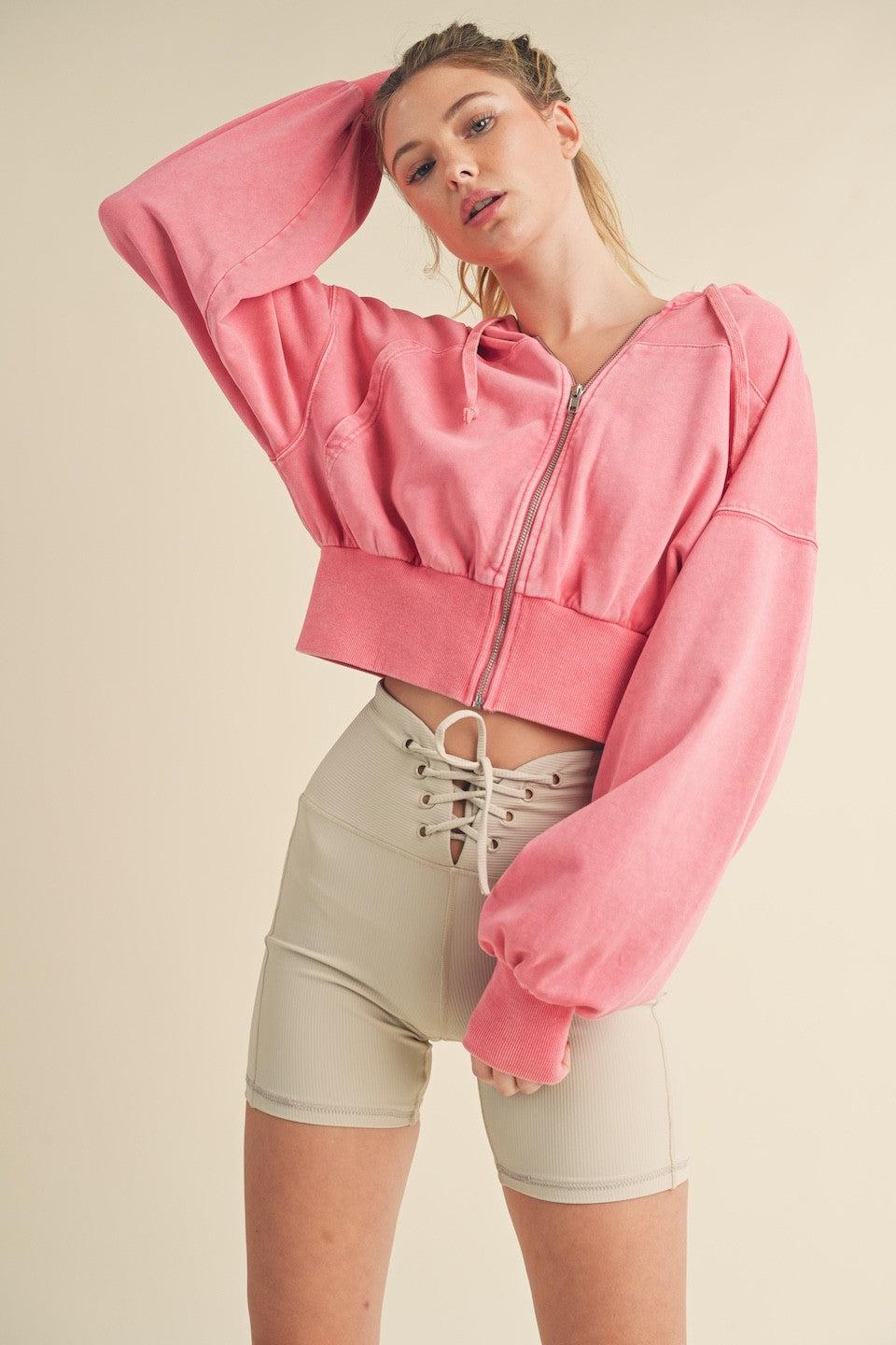 Mineral Washed Zip Up Cropped Hoodie Product Image