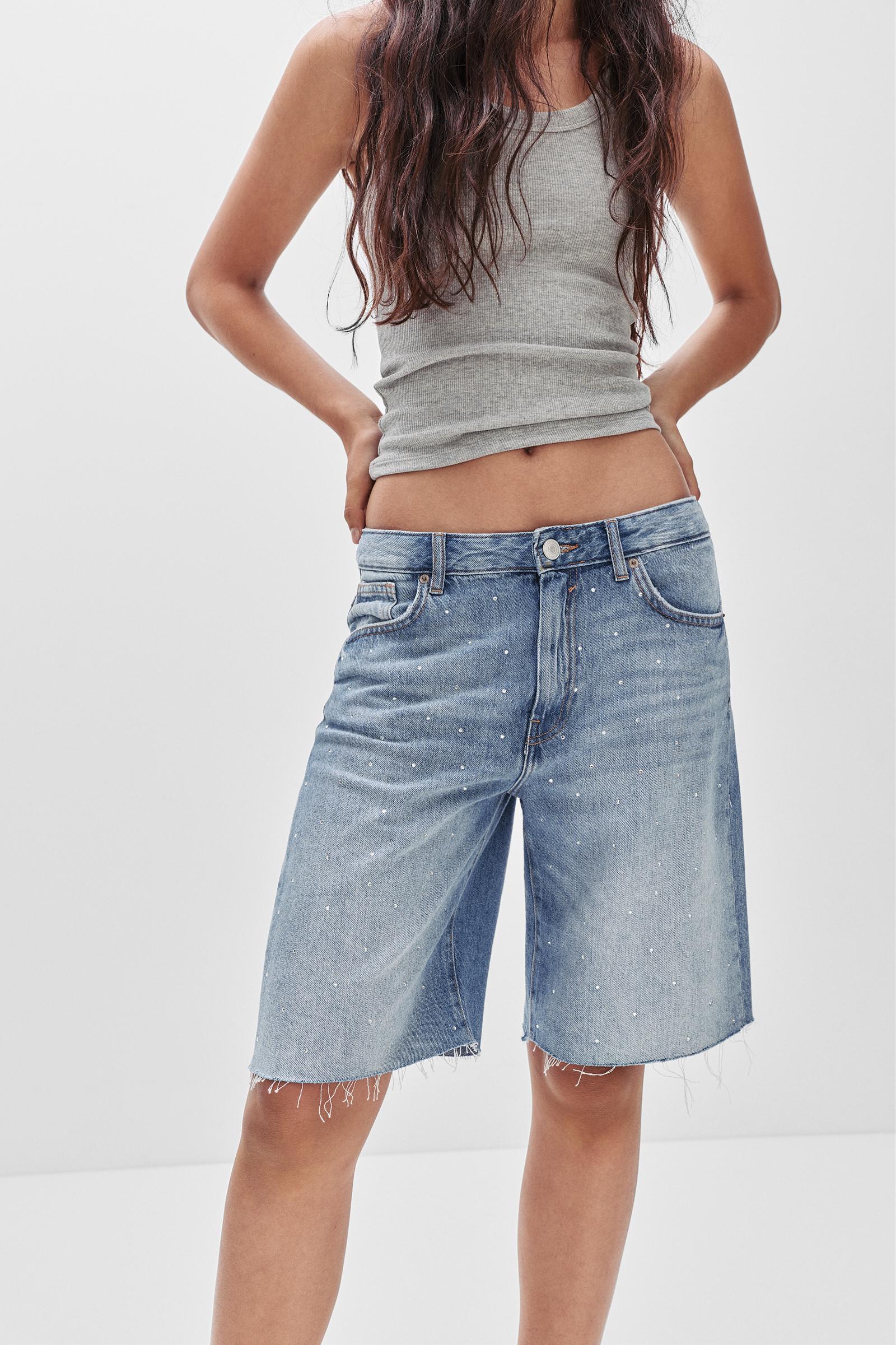 Denim Bermuda shorts with rhinestones Product Image