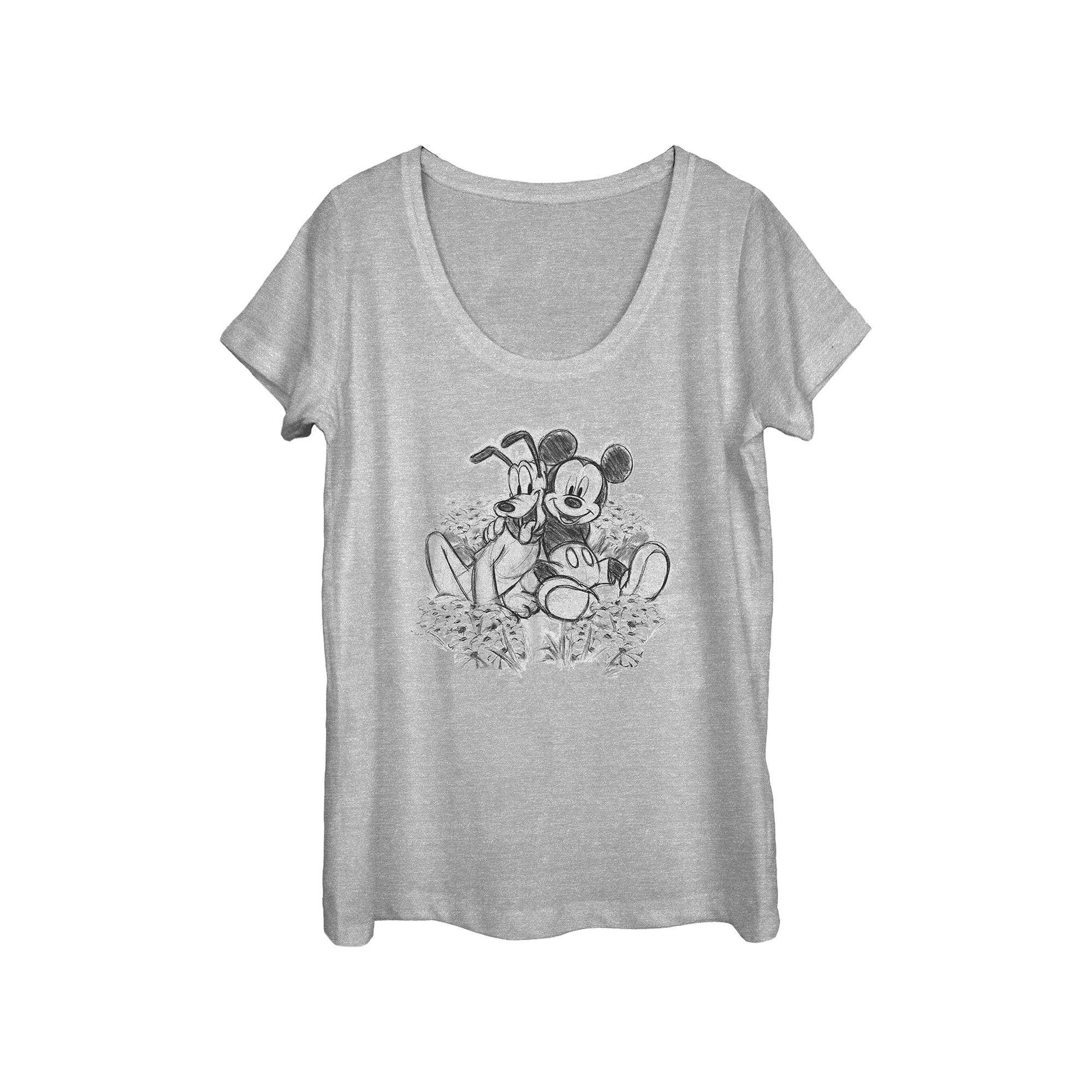 Disney's Mickey Mouse And Pluto Pencil Sketch Scoop Neck Juniors' Graphic Tee, Women's, Size: XL, Athletic Grey Product Image