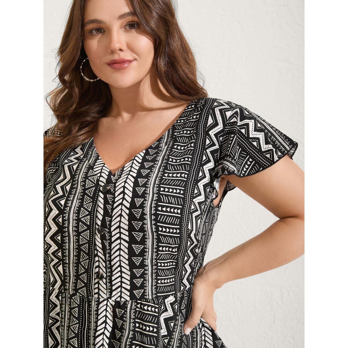 Plus Size Black Geometric Print Button Layered Blouse Women Short sleeve V-neck Vacation Blouses BloomChic 18-20/2X Product Image