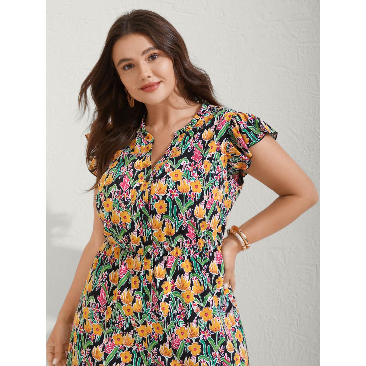 Plus Size BlackFlower Sunkissed Floral Print Button Wide-Leg Jumpsuit Women Resort Cap Sleeve Notched collar Vacation Loose Jumpsuits BloomChic 30/6X Product Image