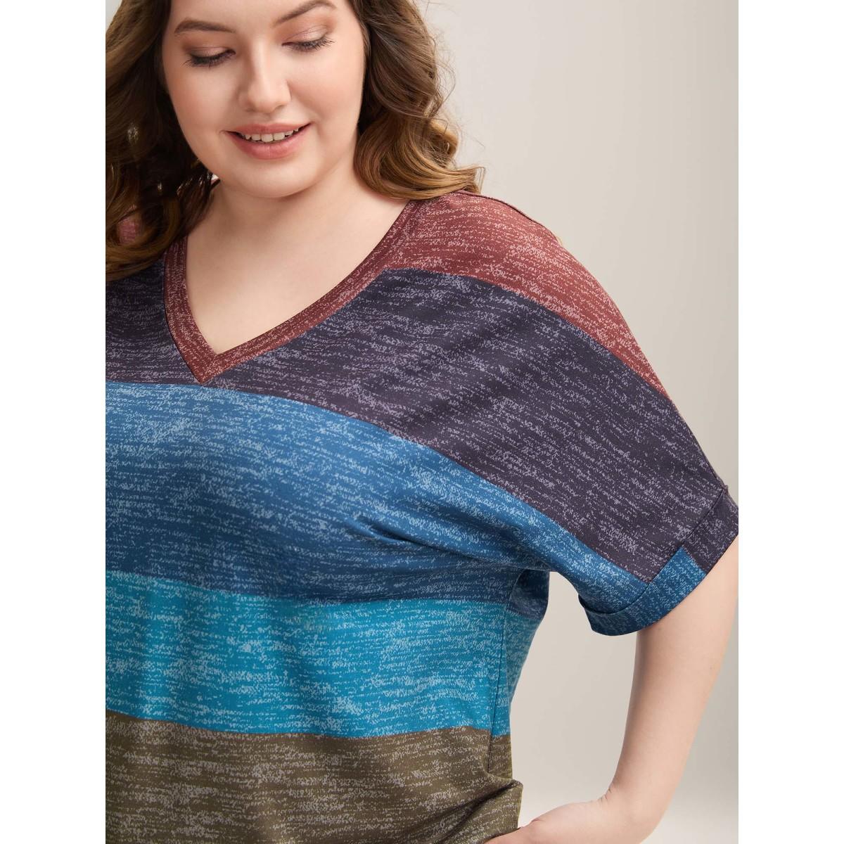 Plus Size Multi-Color Summer Stripes T-Shirt Multicolor Women Leisure Contrast V-neck Casual T-shirts BloomChic 30/6X Product Image