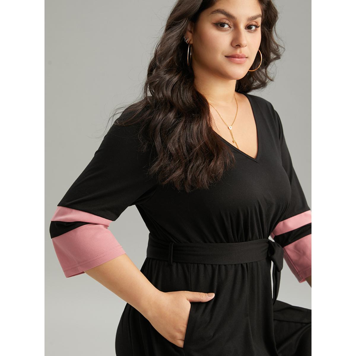 Plus Size Colorblock Contrast Elastic Waist Pocket Belted Dress Black Women Casual Belted V-neck Elbow-length sleeve Curvy Midi Dress BloomChic 18-20/2X Product Image
