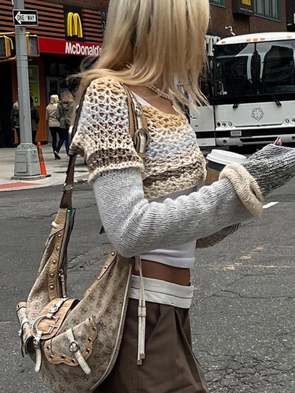 Super Crop Long Sleeve Knit Striped Crochet Top Product Image