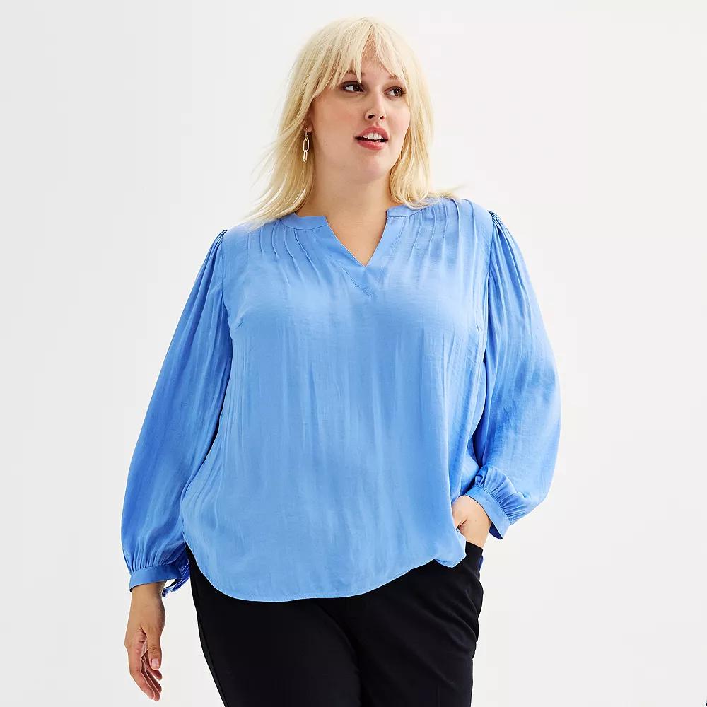 Plus Size Nine West Y-Neck Pintuck Satin Blouse, Women's, Size: 0X, Bea Blue Product Image