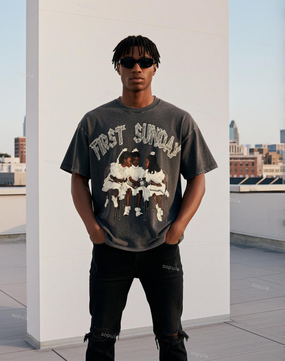 First Sunday Retro Graphic Print Acid Washed T-Shirt Product Image