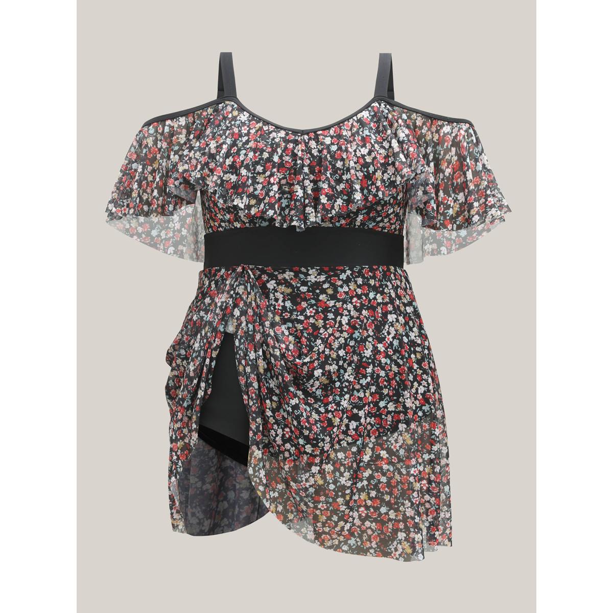Plus Size Floral Print Mesh Cold-Shoulder Swim Dress Women's Swimwear Black Beach Bodycon One-shoulder neck High stretch Curve Swim Dresses BloomChic 14-16/1X Product Image