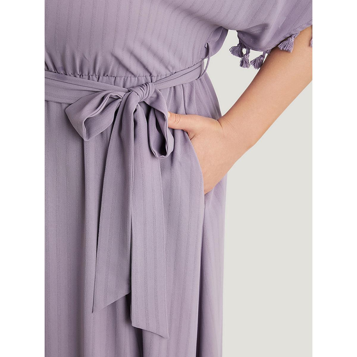 Plus Size Plain Striped Dolman Sleeve Split Belted Tassels Trim Dress Mauve Women Elegant Elastic Waist V-neck Half Sleeve Curvy Midi Dress BloomChic 28/5X Product Image