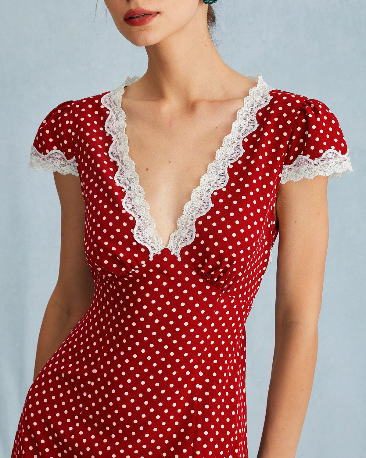 The Red V Neck Polka Dot Lace Ruched Maxi Dress Product Image
