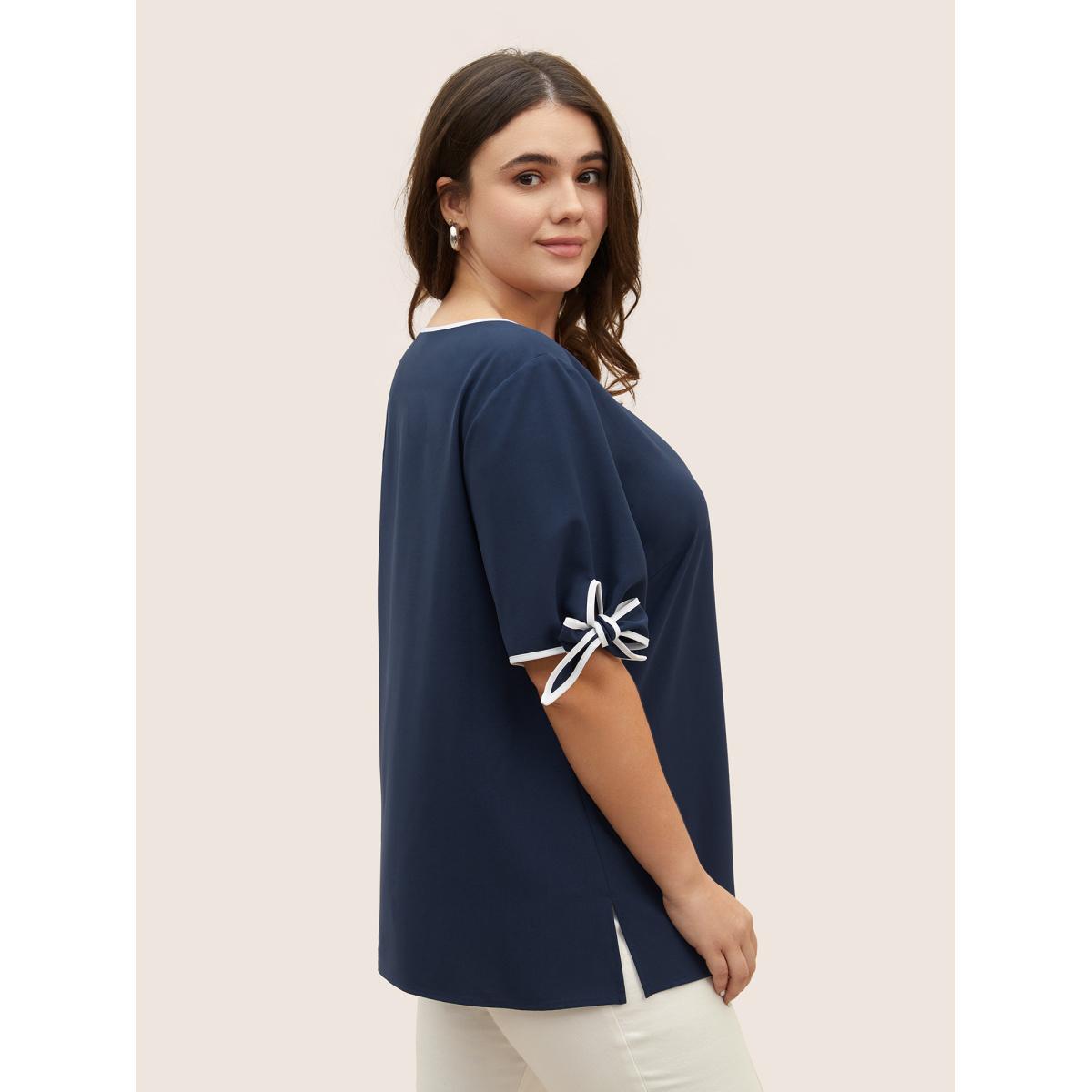 Plus Size Indigo Contrast Trim Keyhole Tie Knot Blouse Women Work From Home Short sleeve Notched collar Work Blouses BloomChic 10/M Product Image