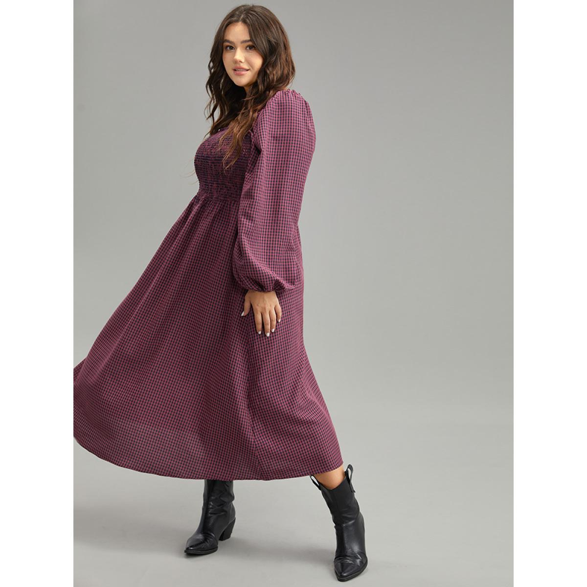 Plus Size Gingham Square Neck Frill Trim Shirred Dress RedViolet Women Casual Elastic cuffs Square Neck Long Sleeve Curvy Midi Dress BloomChic 22-24/3X Product Image