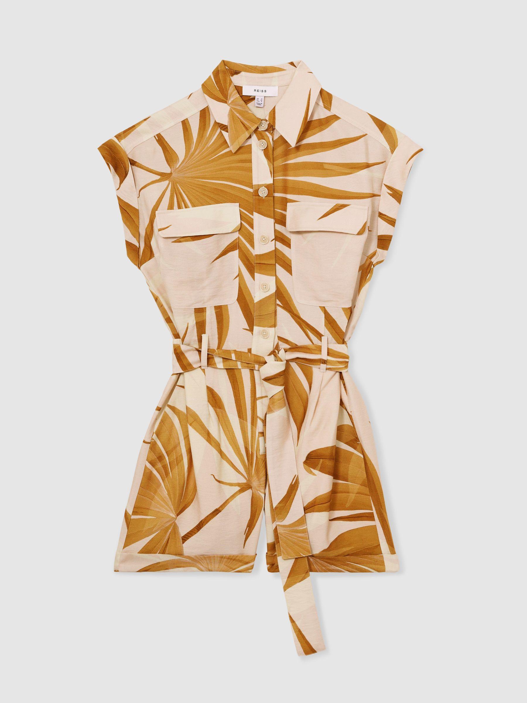 Palm Print Belted Playsuit in Neutral Product Image