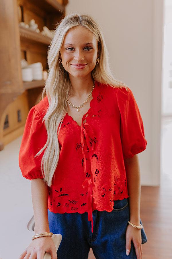 Vineyard Villa Embroidered Front Tie Top in Red Product Image