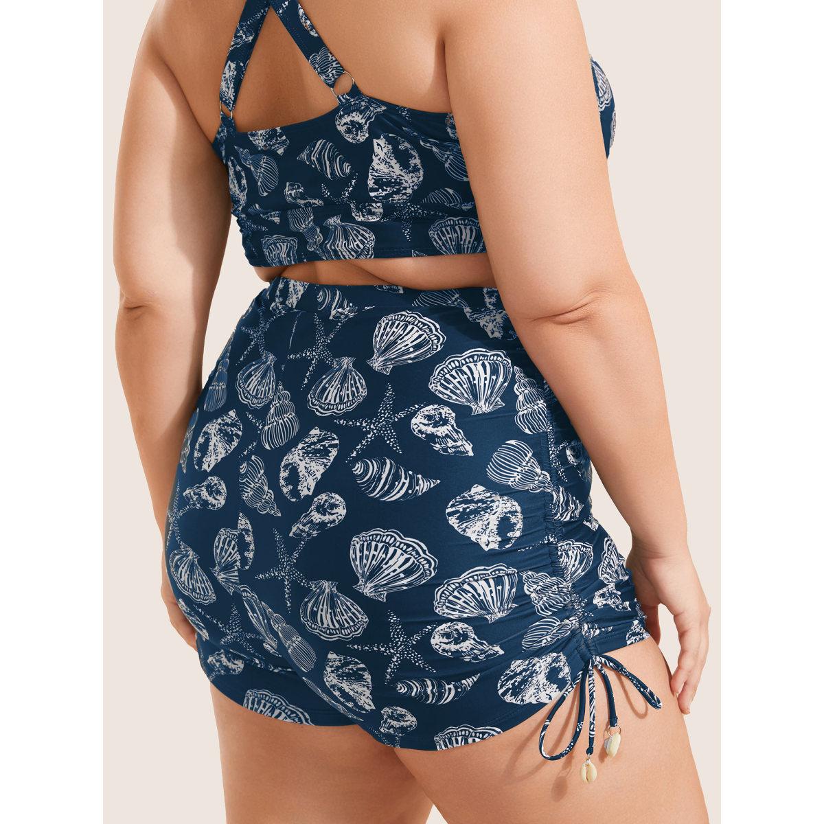 Plus Size Shell Print Drawstring Side Skinny Swim Bottom Women's Swimwear Indigo Beach Drawstring High stretch Skinny High Rise Curve Swim Bottoms BloomChic 14-16/1X Product Image