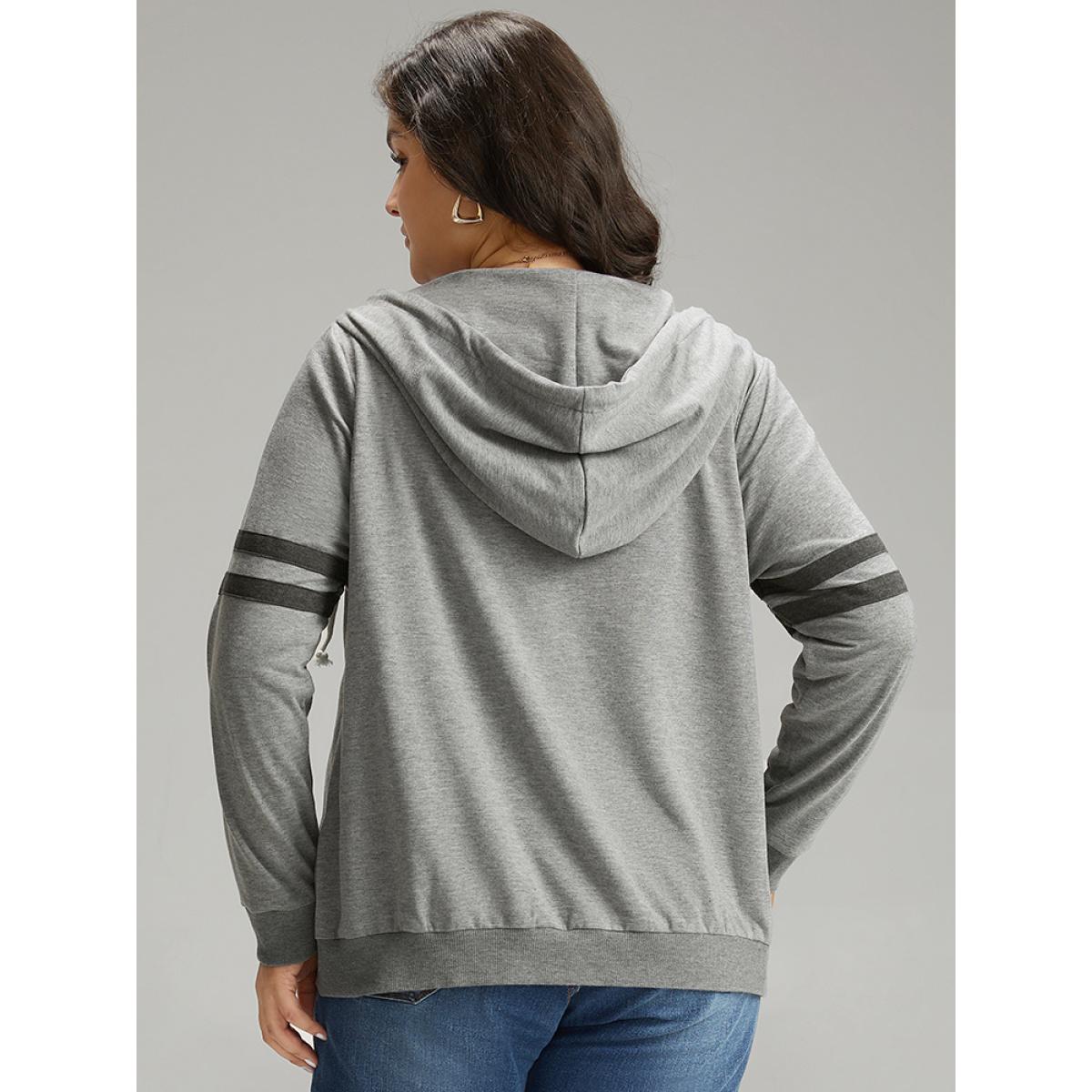 Plus Size Striped Hooded Pocket Zipper Fly Sweatshirt Women Gray Casual Elastic cuffs Hooded Dailywear Sweatshirts BloomChic 28/5X Product Image
