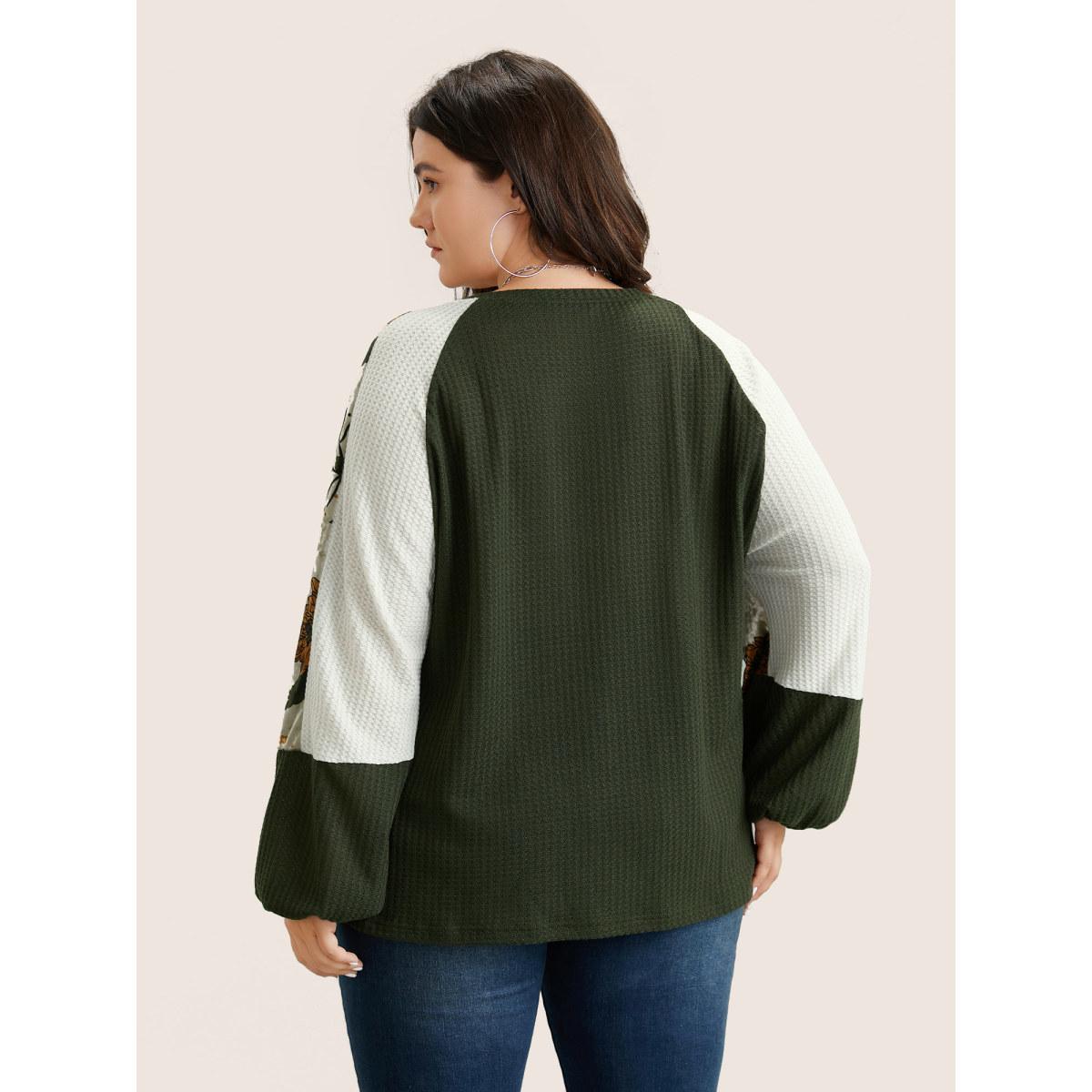 Plus Size Waffle Knit Patchwork Floral Print T-shirt ArmyGreen Women Casual Velvet Floral Round Neck Everyday T-shirts BloomChic 10/M Product Image