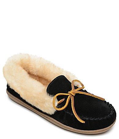 Minnetonka Alpine Bow Detail Suede Sheepskin Slippers Product Image