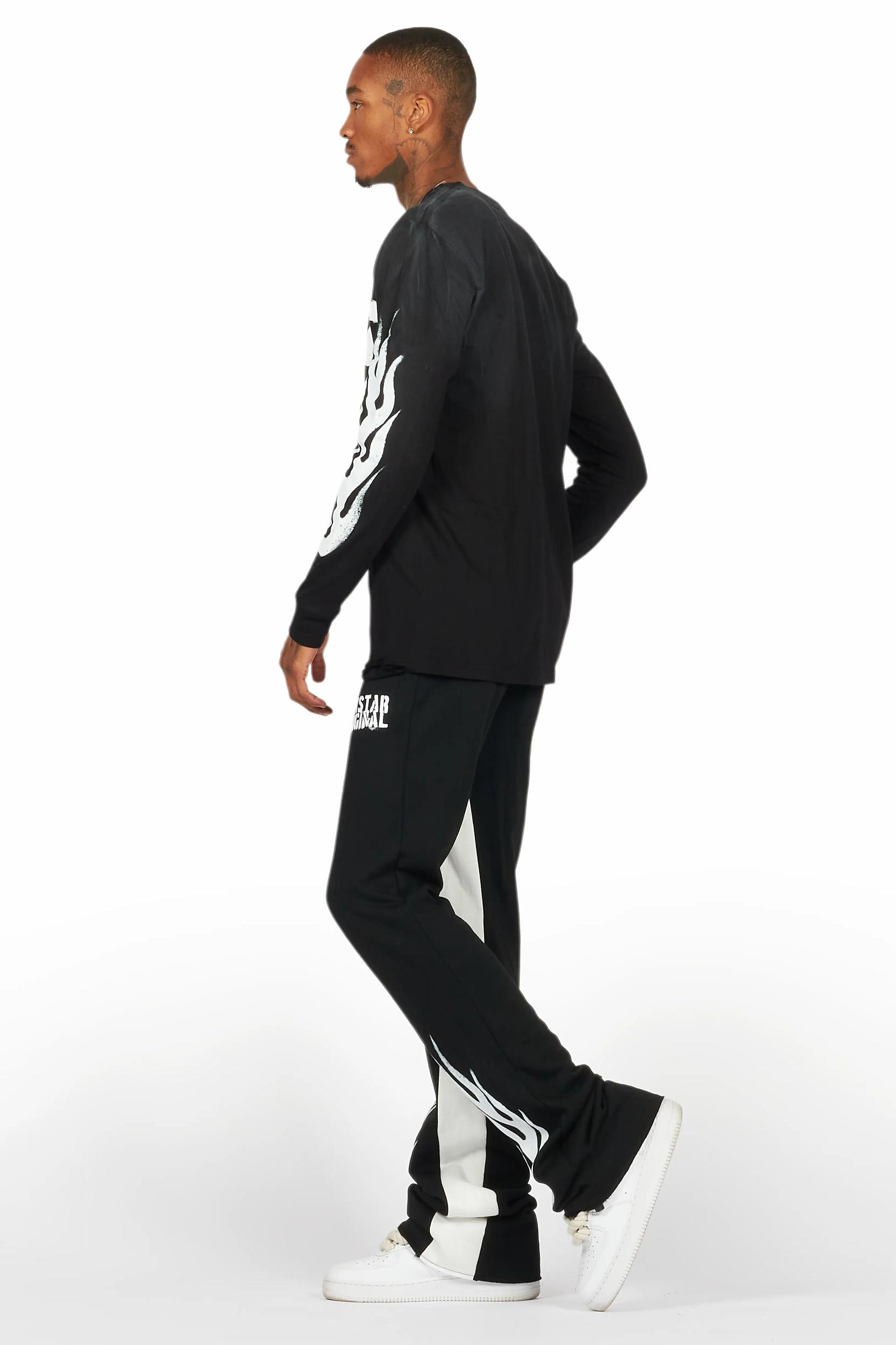 Banyan Black/White Long Sleeve T-Shirt/Stacked Baggy Track Pant Set Male Product Image