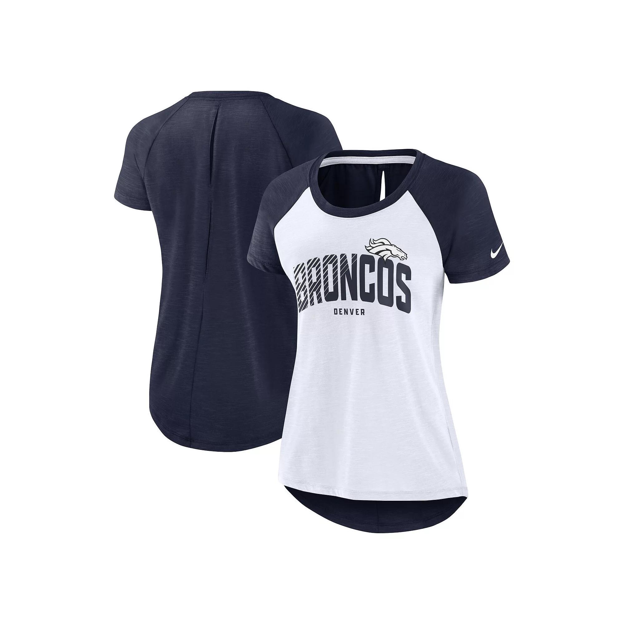 Women's Nike White/Heather Navy Denver Broncos Back Cutout Raglan T-Shirt, Size: XL Product Image