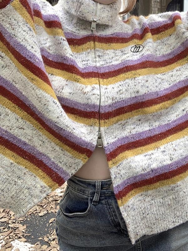 Striped Double Zip Lapel Neck Knit Cardigan Product Image