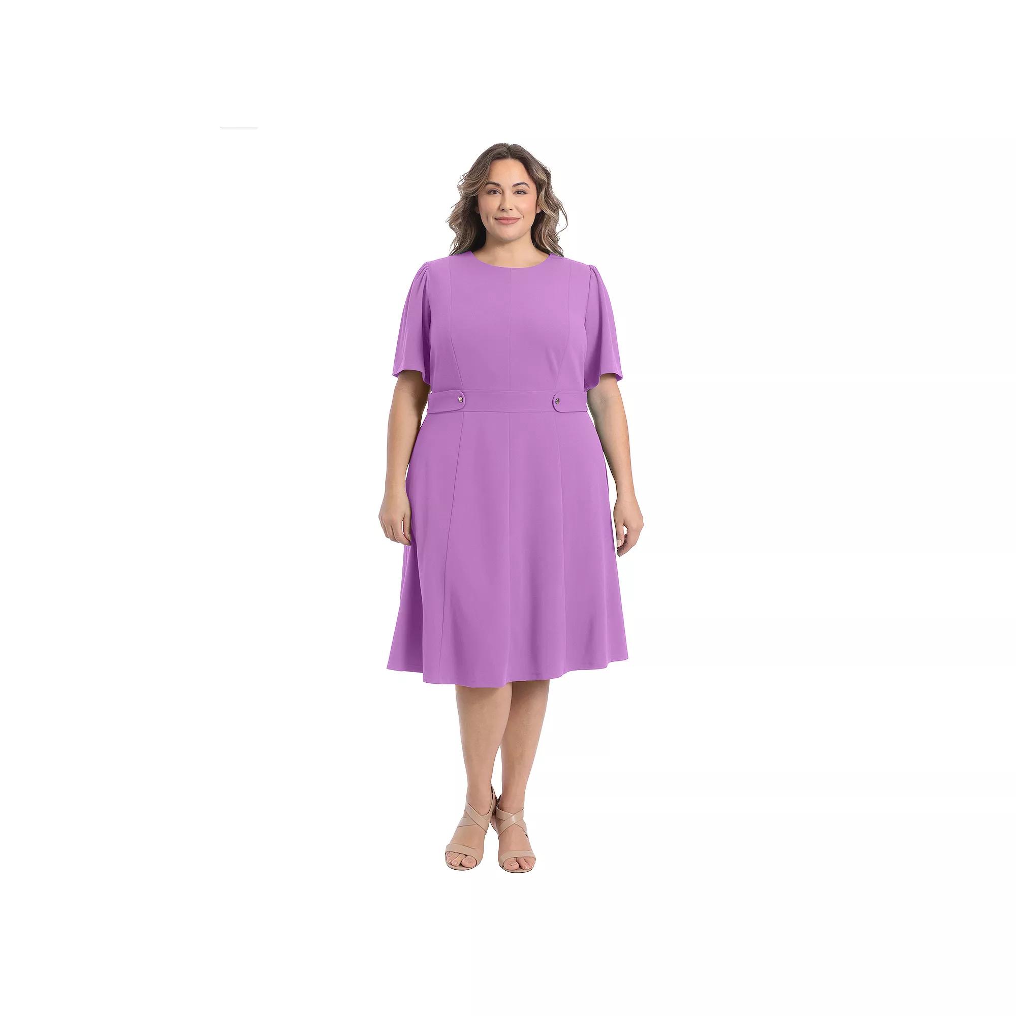 Plus Size London Times Short Sleeve Fit & Flare Midi Dress, Women's, Size: 14 W, Blue Product Image